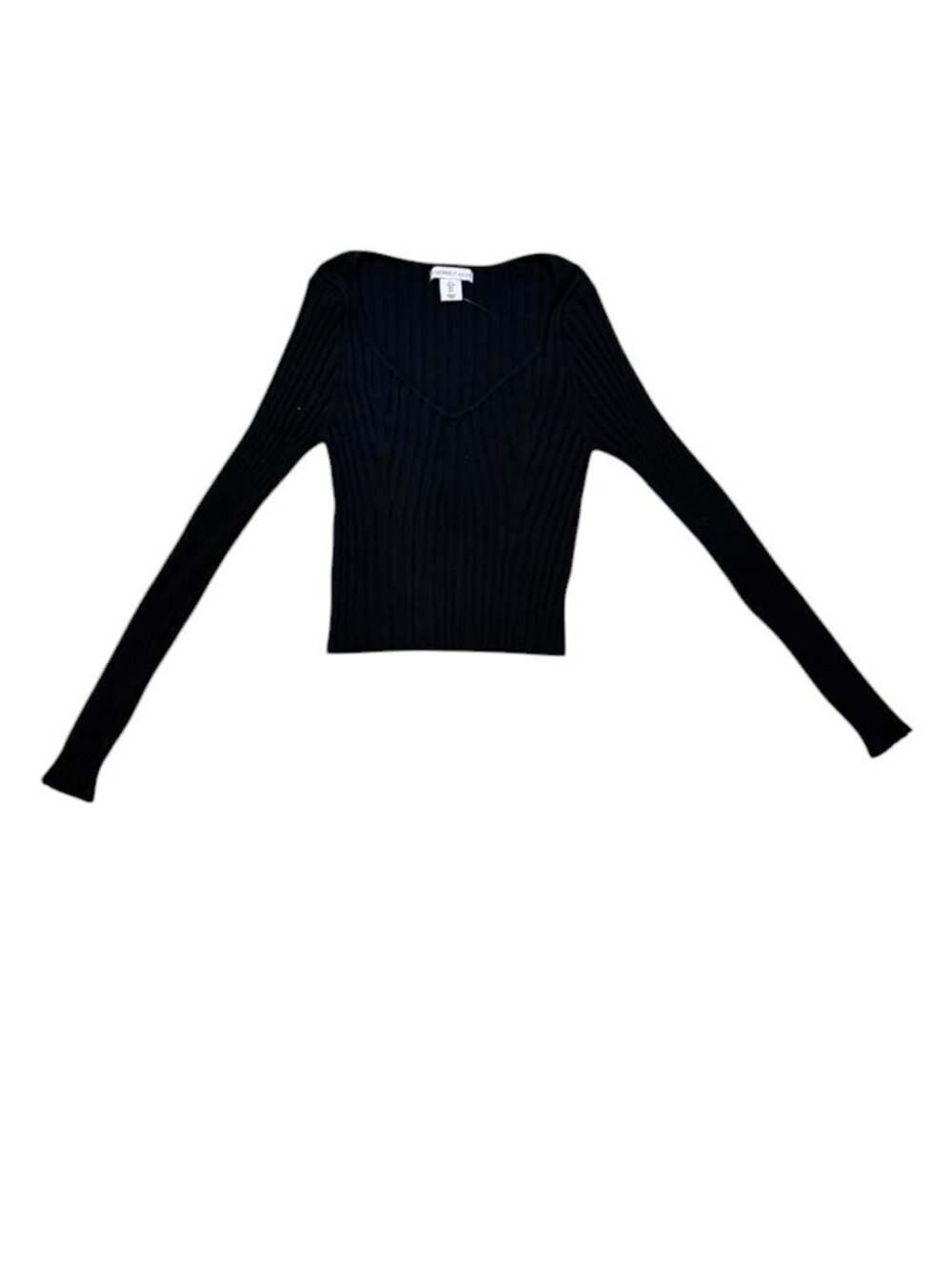 Sincerely Jules Rib Knit Sweater Women L Black Crop V-Neck Long Sleeve Top.